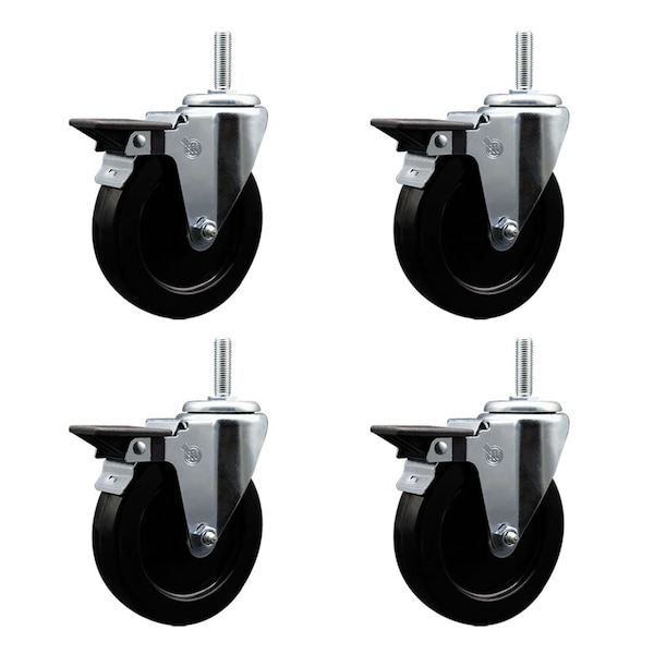 5 Inch Soft Rubber Wheel Swivel 58 Inch Threaded Stem Caster Set with Brake SCC